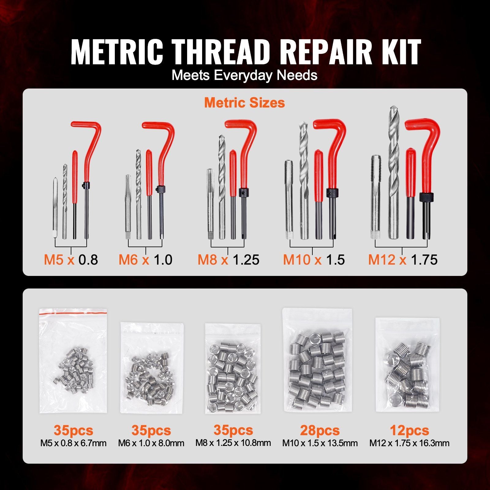 VEVOR 166pc Helicoil Thread Repair Kit Metric Rethread Tool M5 M6 M8 M10 M12 - BagNook