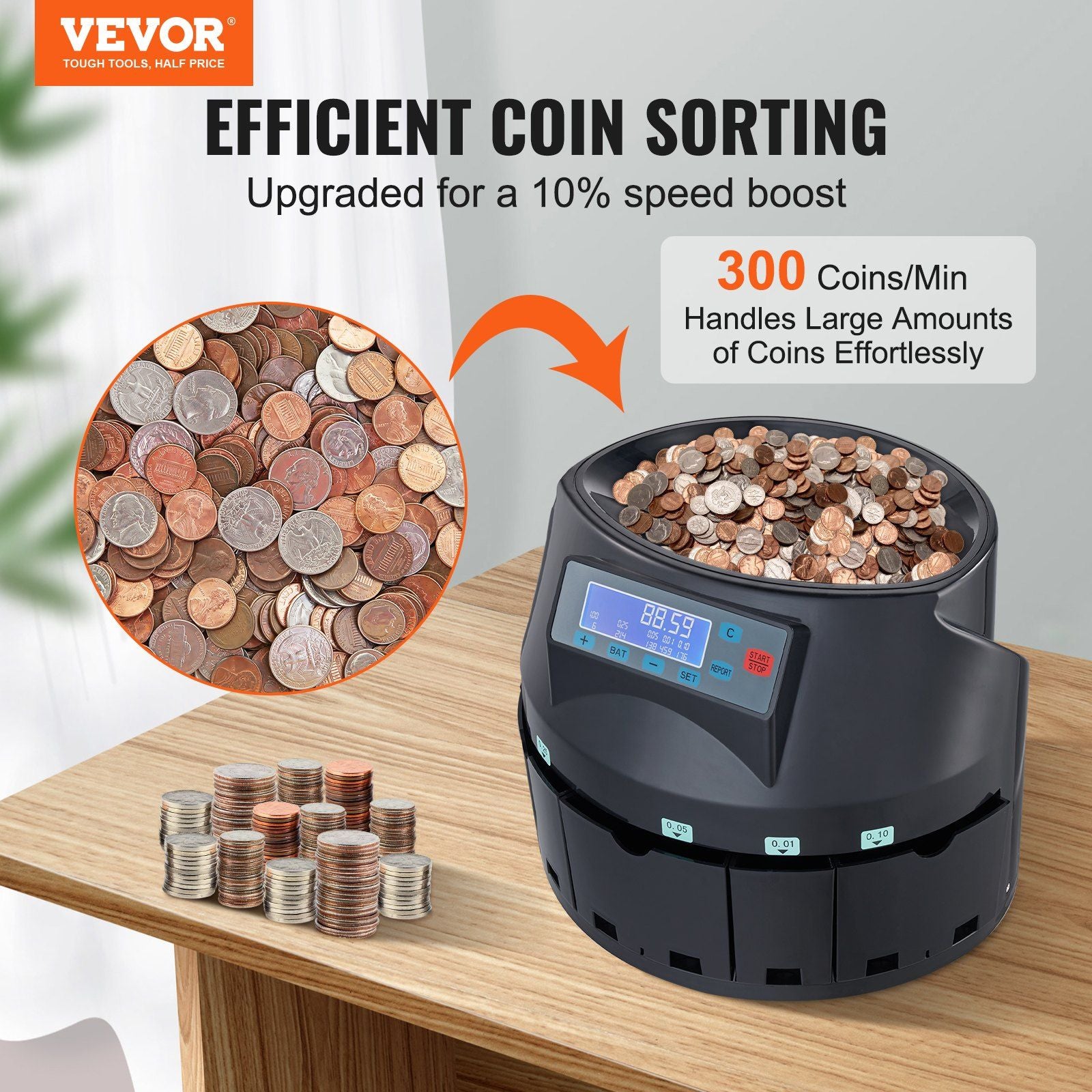 VEVOR USD Coin Sorter,Wrapper, & Roller 300 Coins/min LCD Display - BagNook
