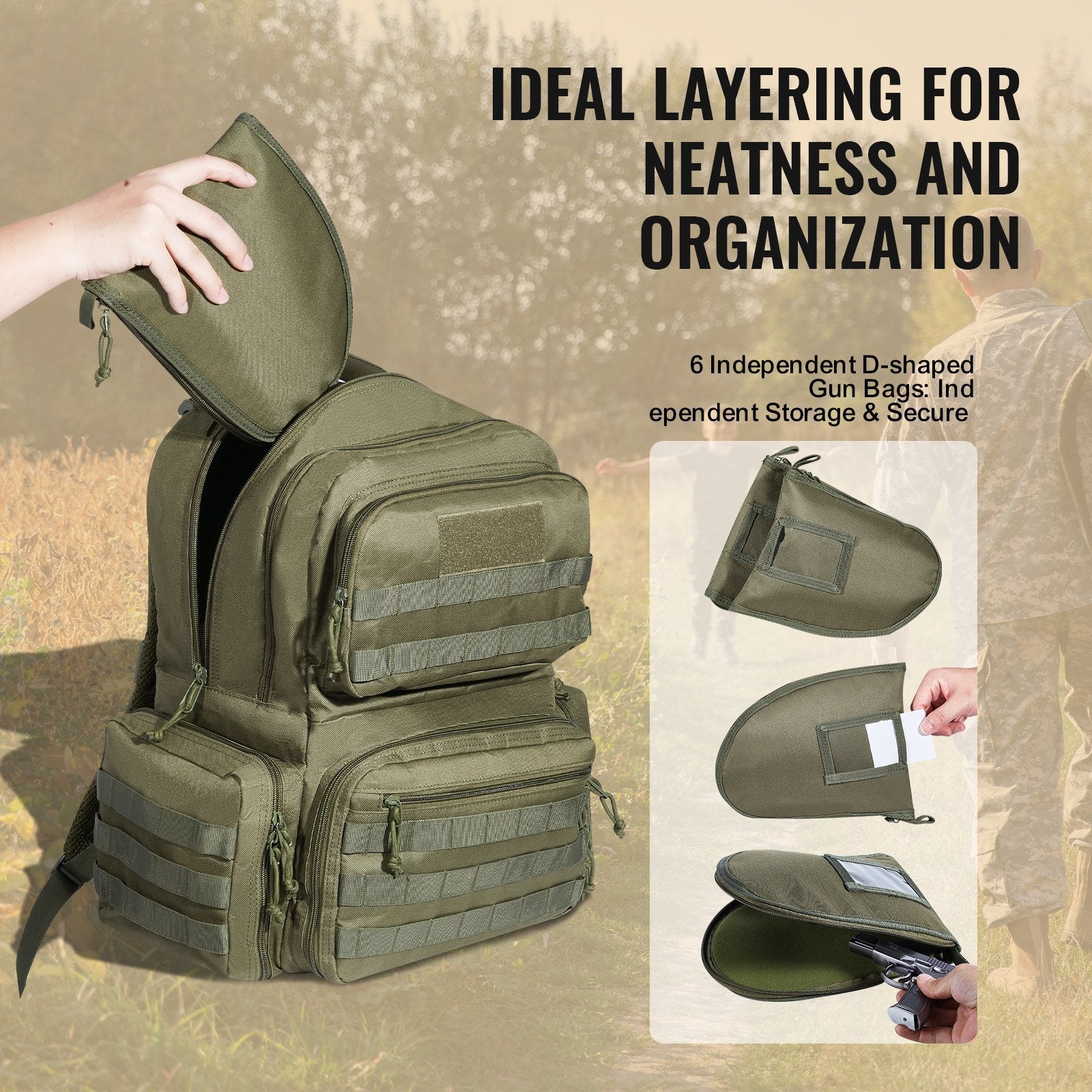 VEVOR Tactical Range Backpack for 6 Pistols - Green - BagNook