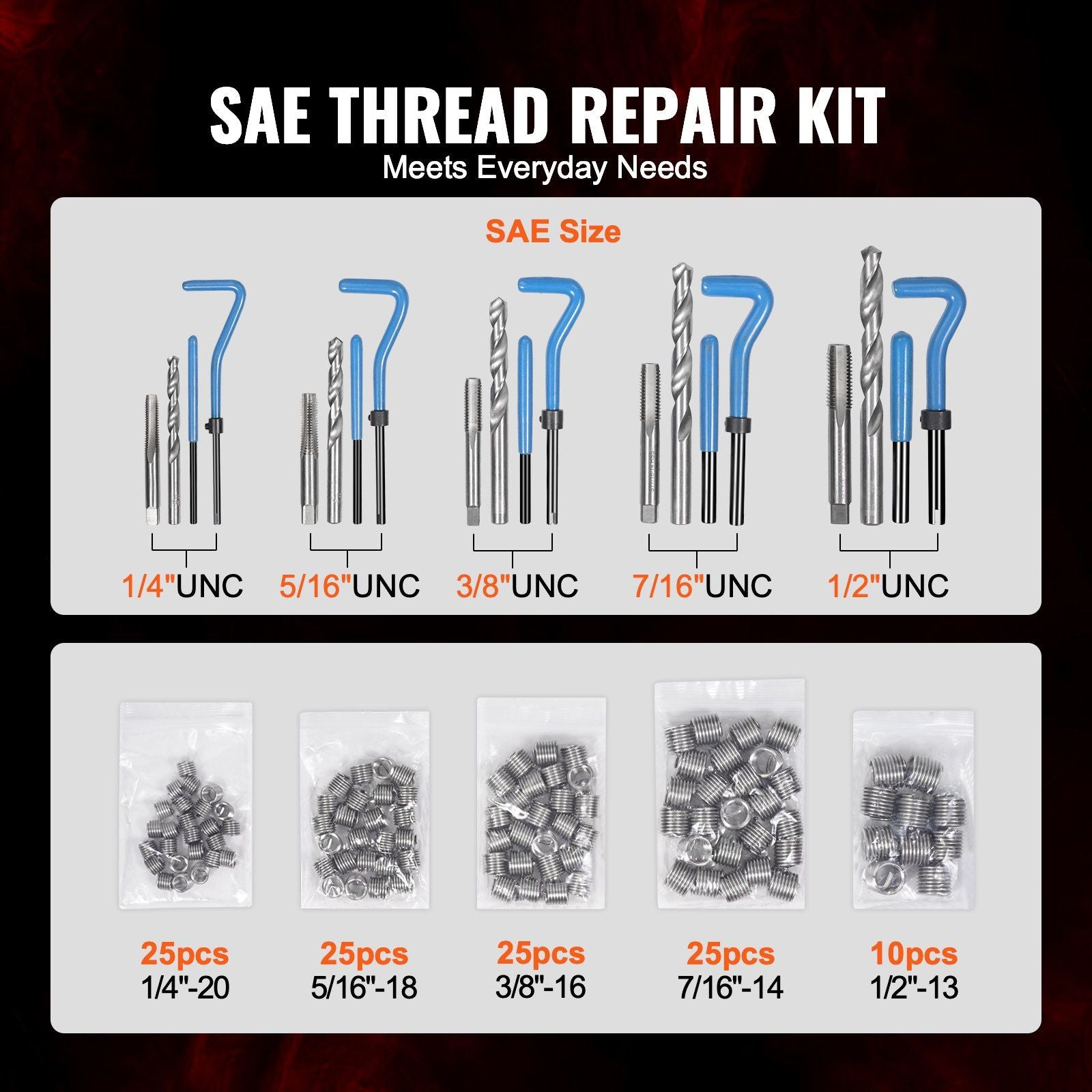 VEVOR 131 PCS Helicoil Thread Repair Kit SAE Tool 1/4 5/16 3/8 7/16 1/2 in UNC - BagNook