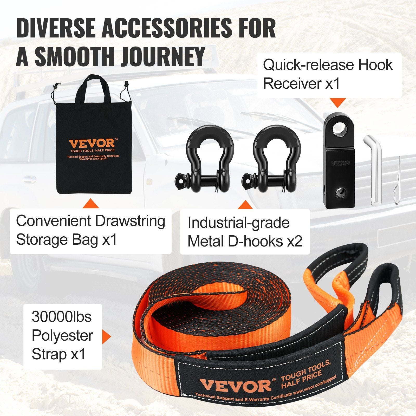 VEVOR Off-Road Winch Recovery Kit, 3" x 30' Heavy Duty 30,000lbs Tow Strap - BagNook