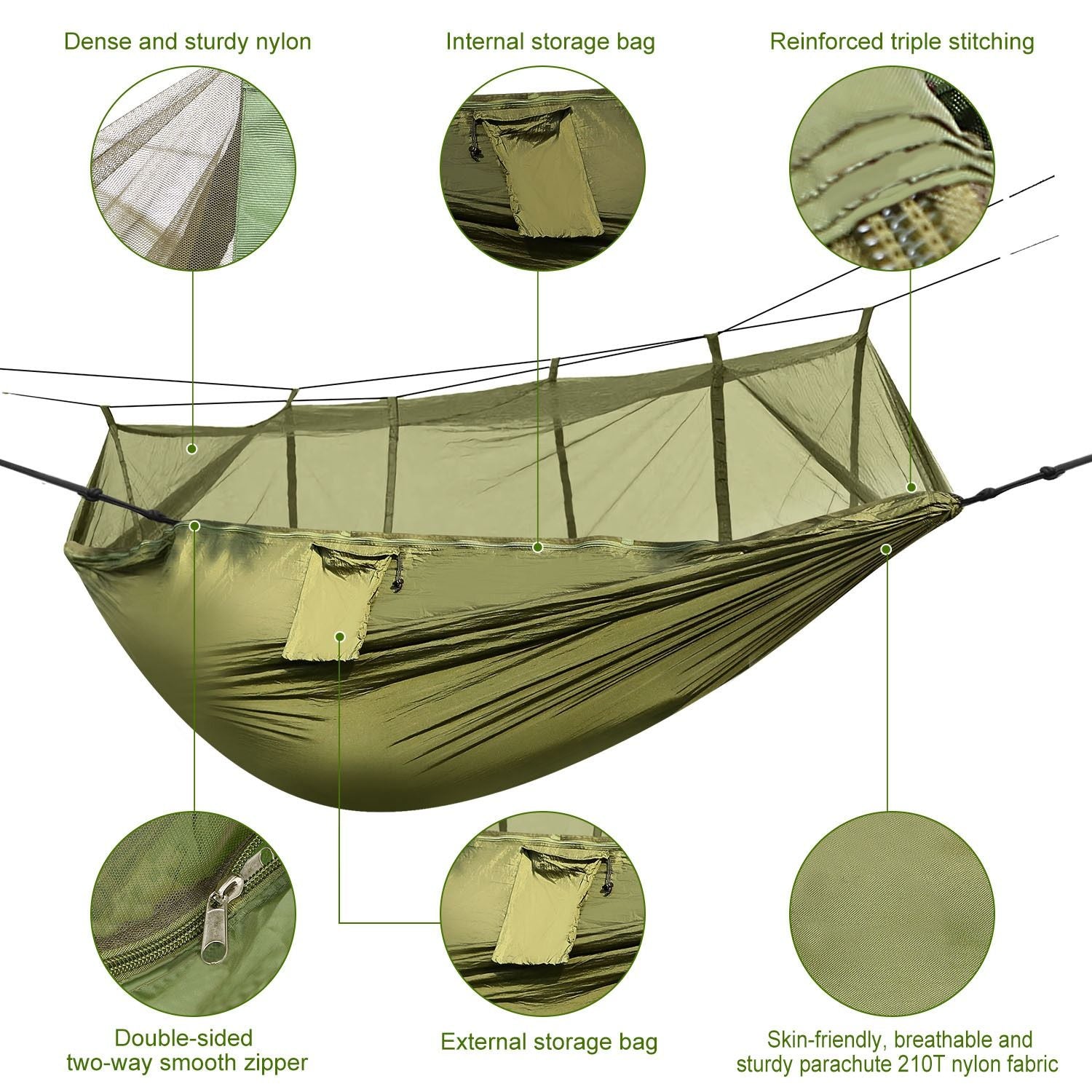(armygreen)Camping Hammock with Mosquito Net, 2 person - BagNook