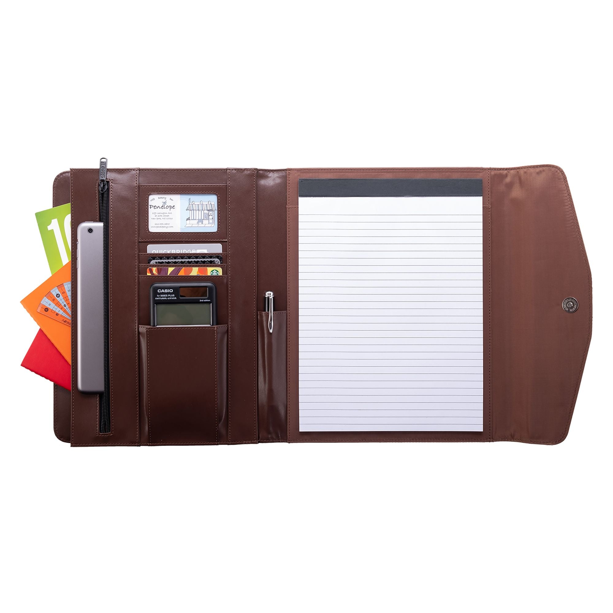 (brown)The V.P Pro Faux Leather Tri Fold Padfolio - It fits a tablet! - BagNook