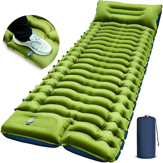 (green)Green inflatable camping mattress with a foot pump on a white background - bagNook