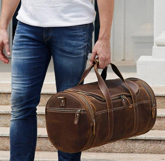 The Wainwright Weekender | Round Vintage Leather Weekender - BagNook