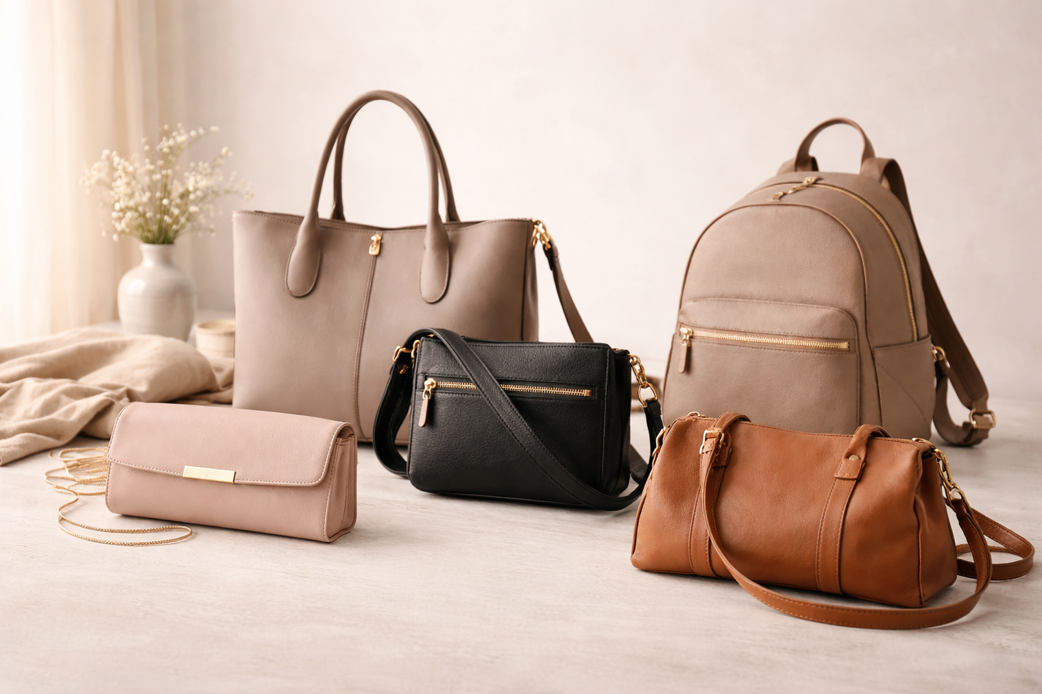A collection of different handbag styles including tote, crossbody, clutch, and backpack bags displayed on a neutral background