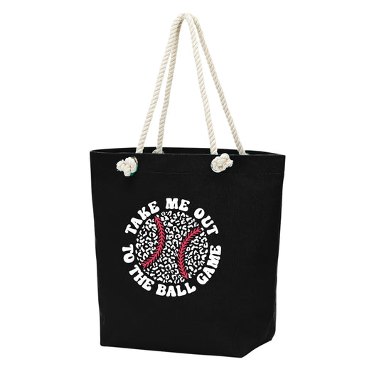 Black tote bag with 'Take Me Out to the Ball Game' text and graphics on a white background. Inside Zippered pocket.  bagNook.com