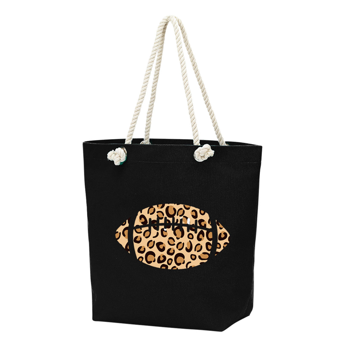 Castaway Tote with Leopard Football, rope handles and inside zipper. bagnook.com