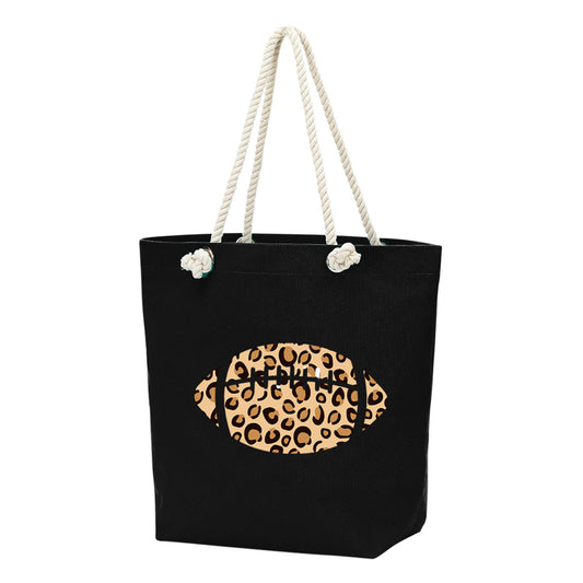 Castaway Tote with Leopard Football, rope handles and inside zipper. bagnook.com