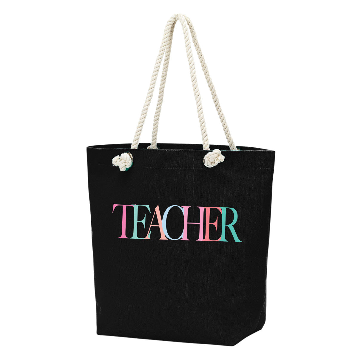 Black tote bag with 'TEACHER' in colorful letters and rope handles on a white background, and inside zipper! bagNook.com