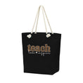 Load image into Gallery viewer, Black tote bag with 'teach like no one is watching' text and rope handles on a white background. Inside zipper! bagNook.com
