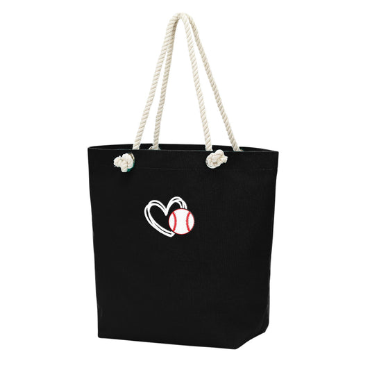 Black tote bag with a heart and baseball design on a white background, inside zippered pocket.  bagNook.com