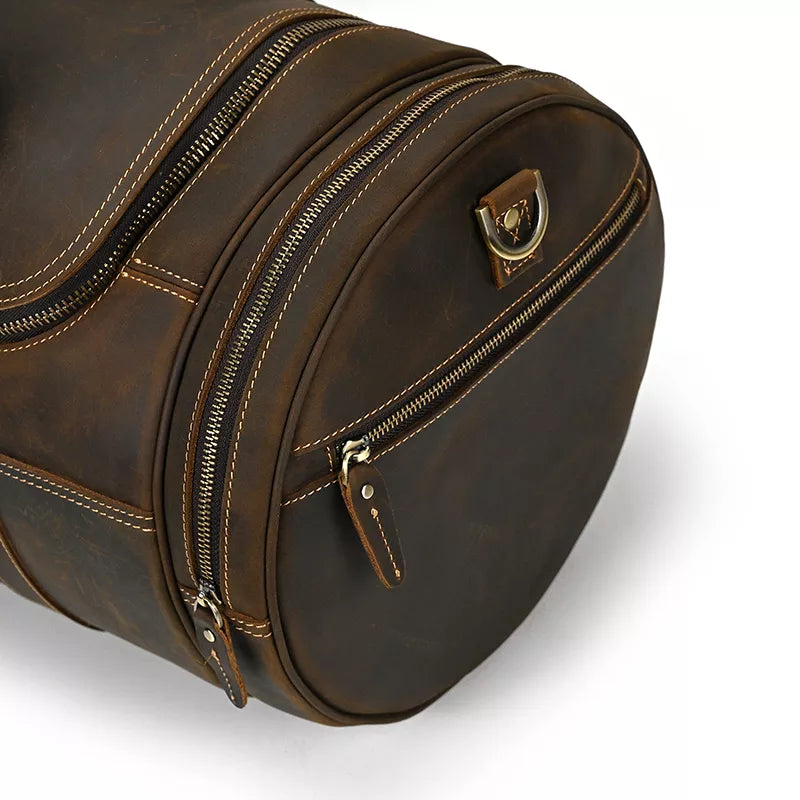 The Wainwright Weekender | Round Vintage Leather Weekender - BagNook