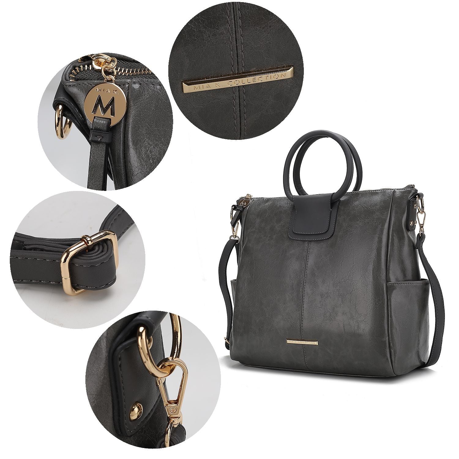 (charcoal)Zori Tote Handbag w/Pouch & Wallet by Mia k - BagNook