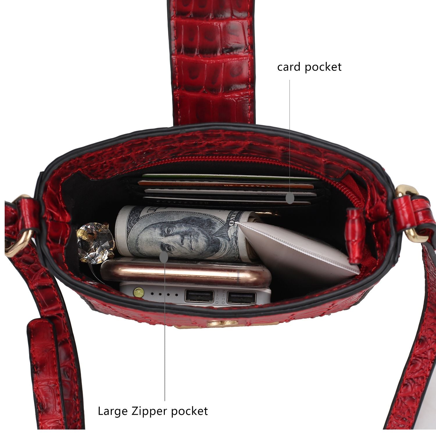(red)Avery Faux Crocodile Embossed Crossbody by Mia K - BagNook