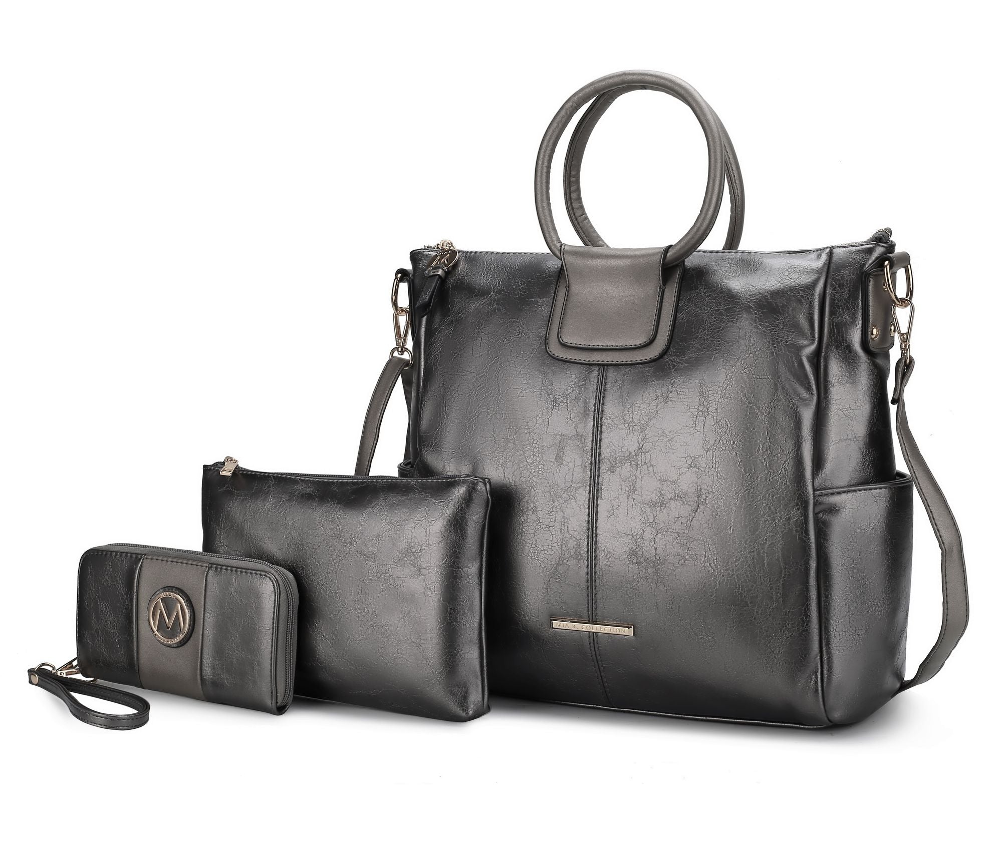 (pewter)Zori Tote Handbag w/Pouch & Wallet by Mia k - BagNook