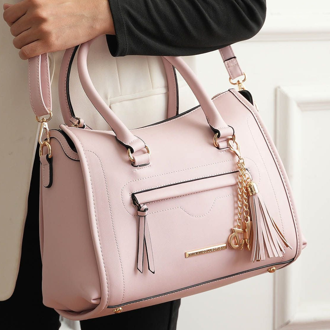 (blush)Valeria Satchel Handbag with Keyring by Mia K - BagNook
