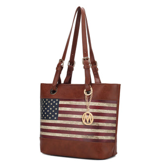 (tan)Vera Vegan Leather Patriotic Flag Women Tote by Mia K - BagNook