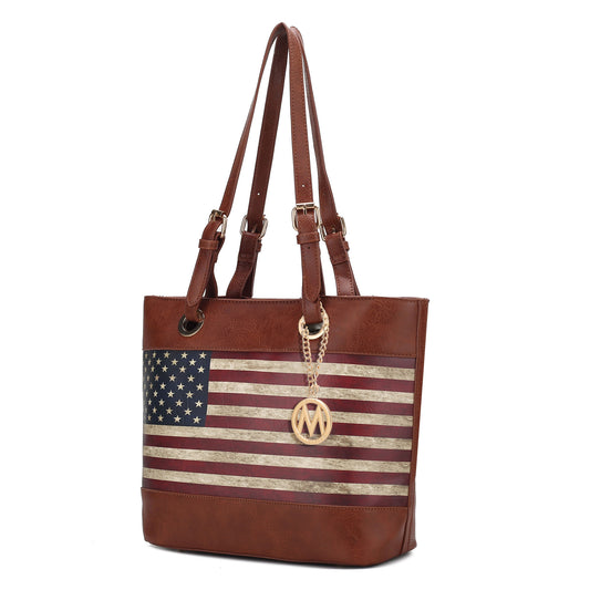 (tan)Vera Vegan Leather Patriotic Flag Women Tote by Mia K - BagNook