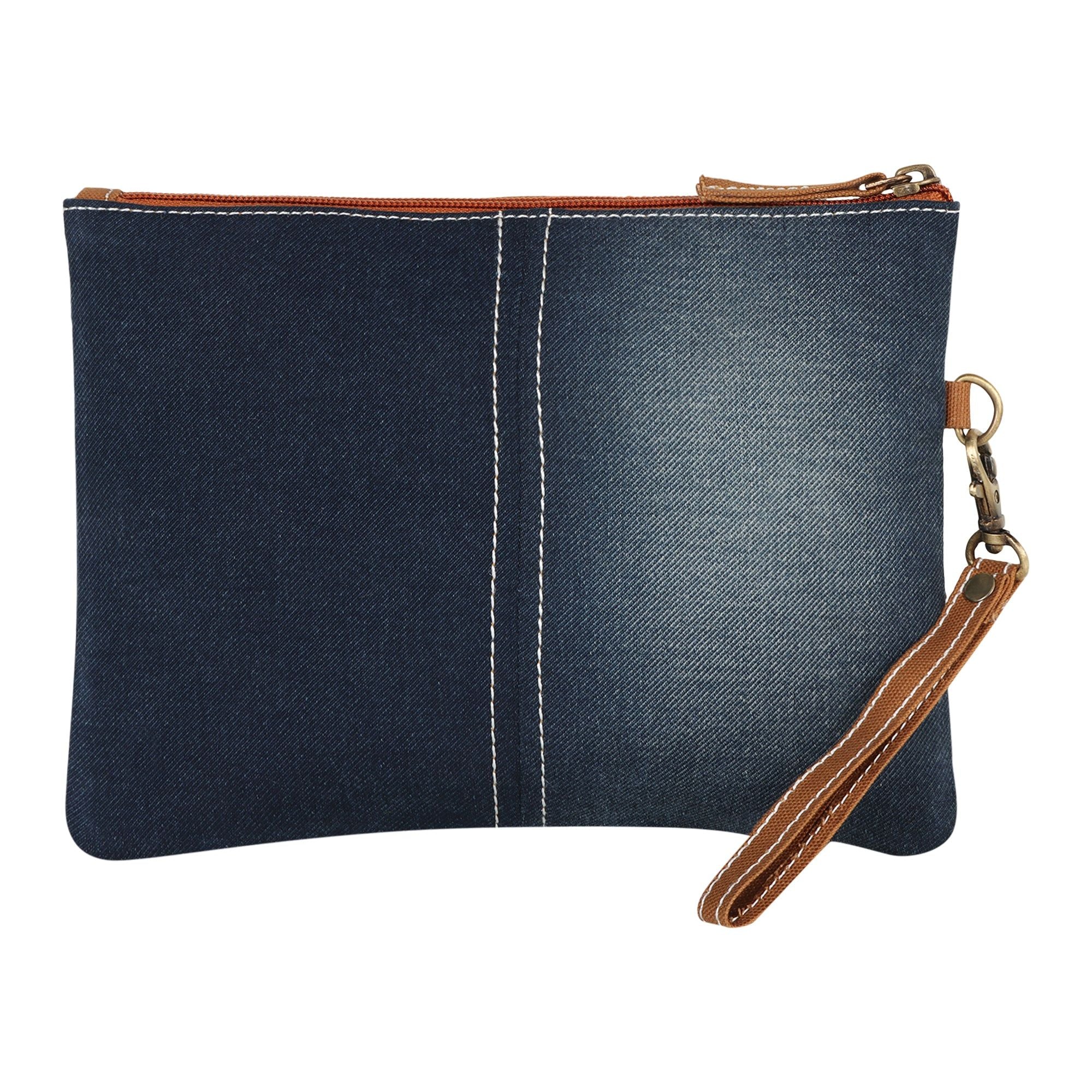 Erica Denim Wristlet W/ Brown Accents - Upcycled - BagNook