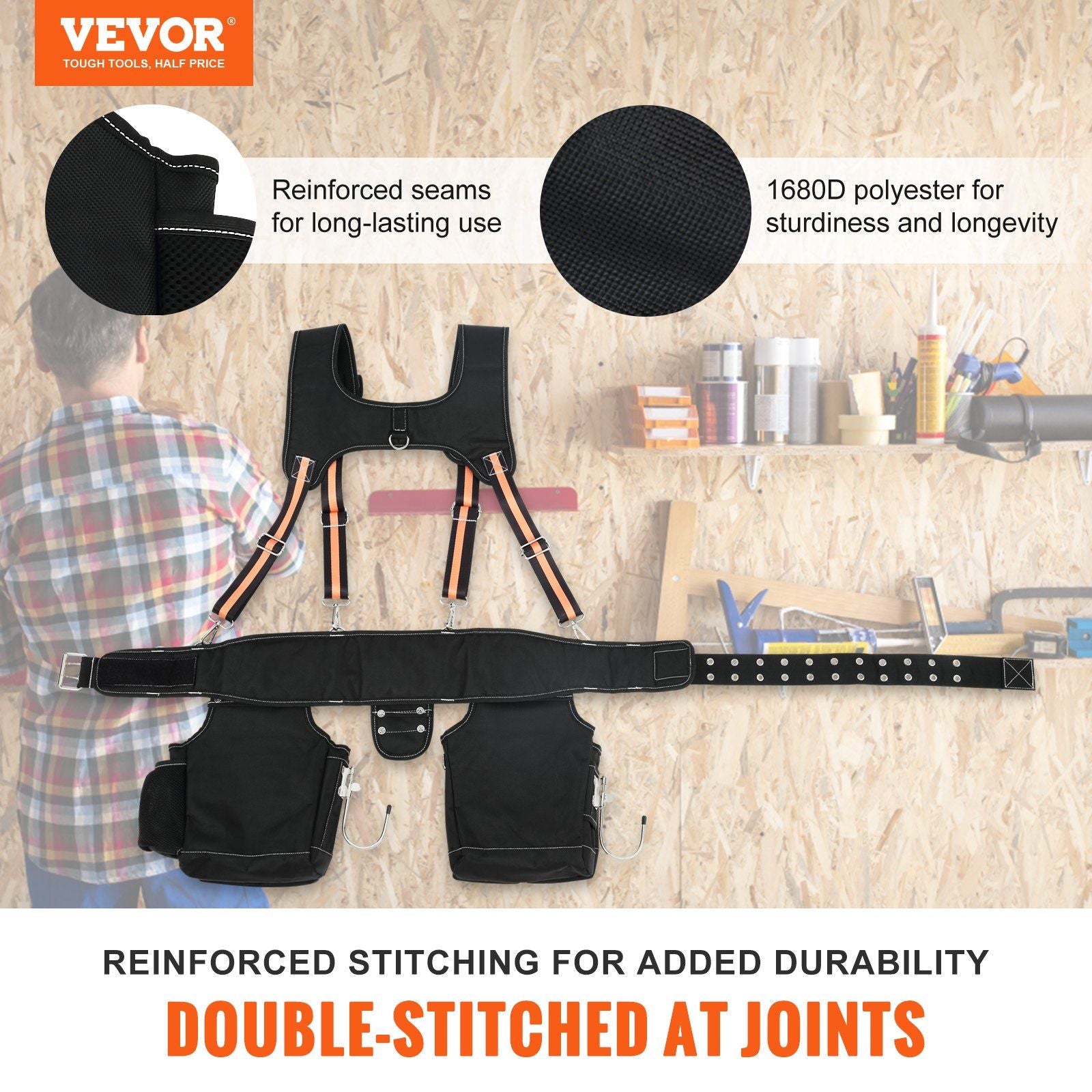 VEVOR Tool Belt with Suspenders, 29 Pockets - Fully Adjustable - Black - BagNook