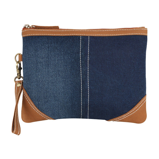 Erica Denim Wristlet W/ Brown Accents - Upcycled - BagNook