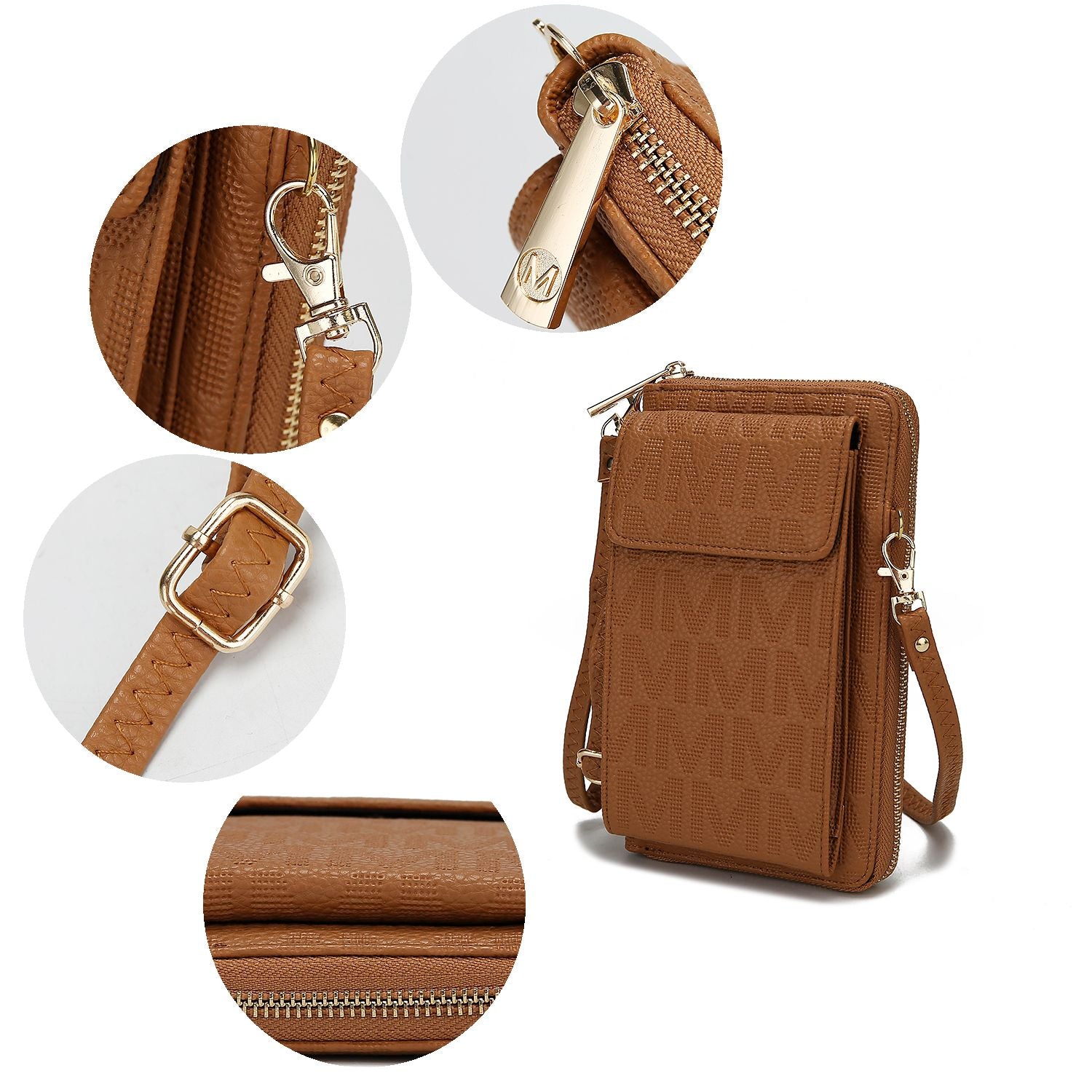 (tan)Caddy Vegan Leather Phone Wallet Crossbody by Mia k - BagNook
