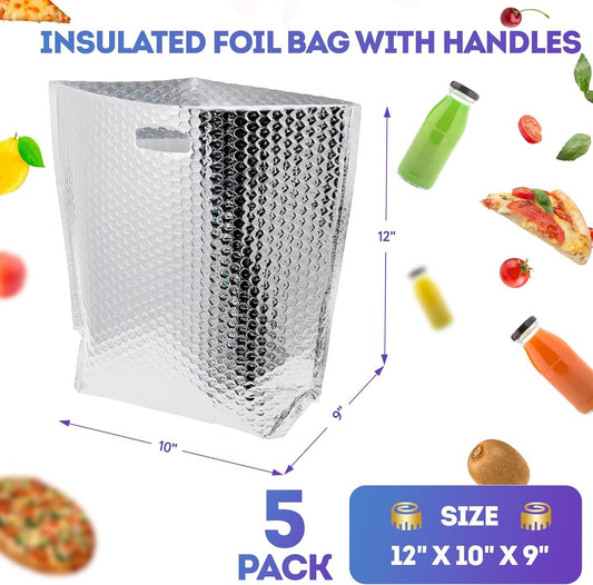 Insulated Thermal Bags for Food 12x10x9" - 5 Pack with Handles - BagNook