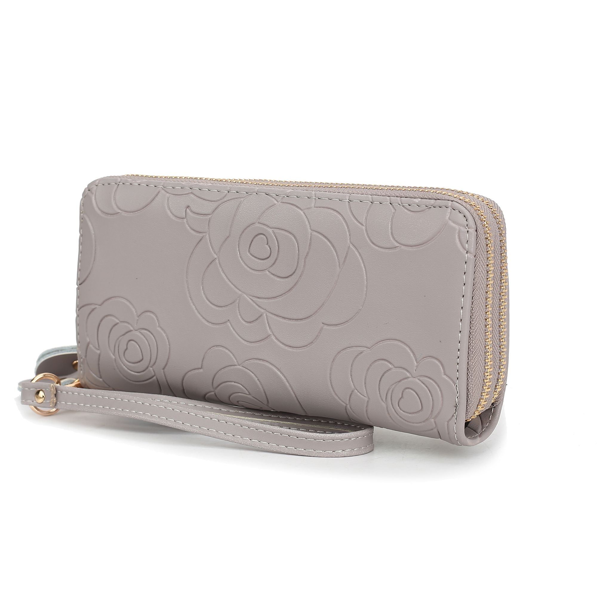 (grey)Ellie Vegan Leather Flower Embossed Wristlet by Mia K - BagNook