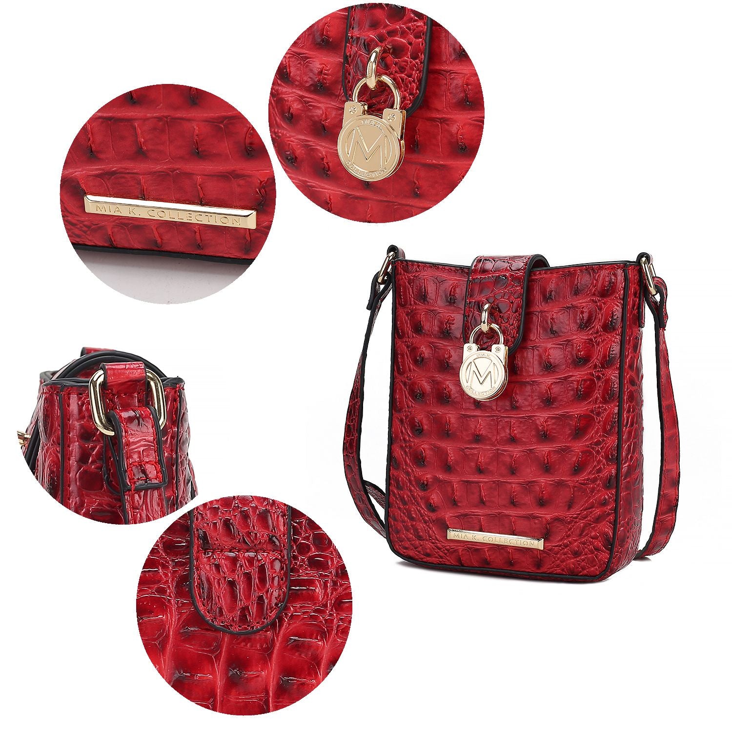 (red)Avery Faux Crocodile Embossed Crossbody by Mia K - BagNook