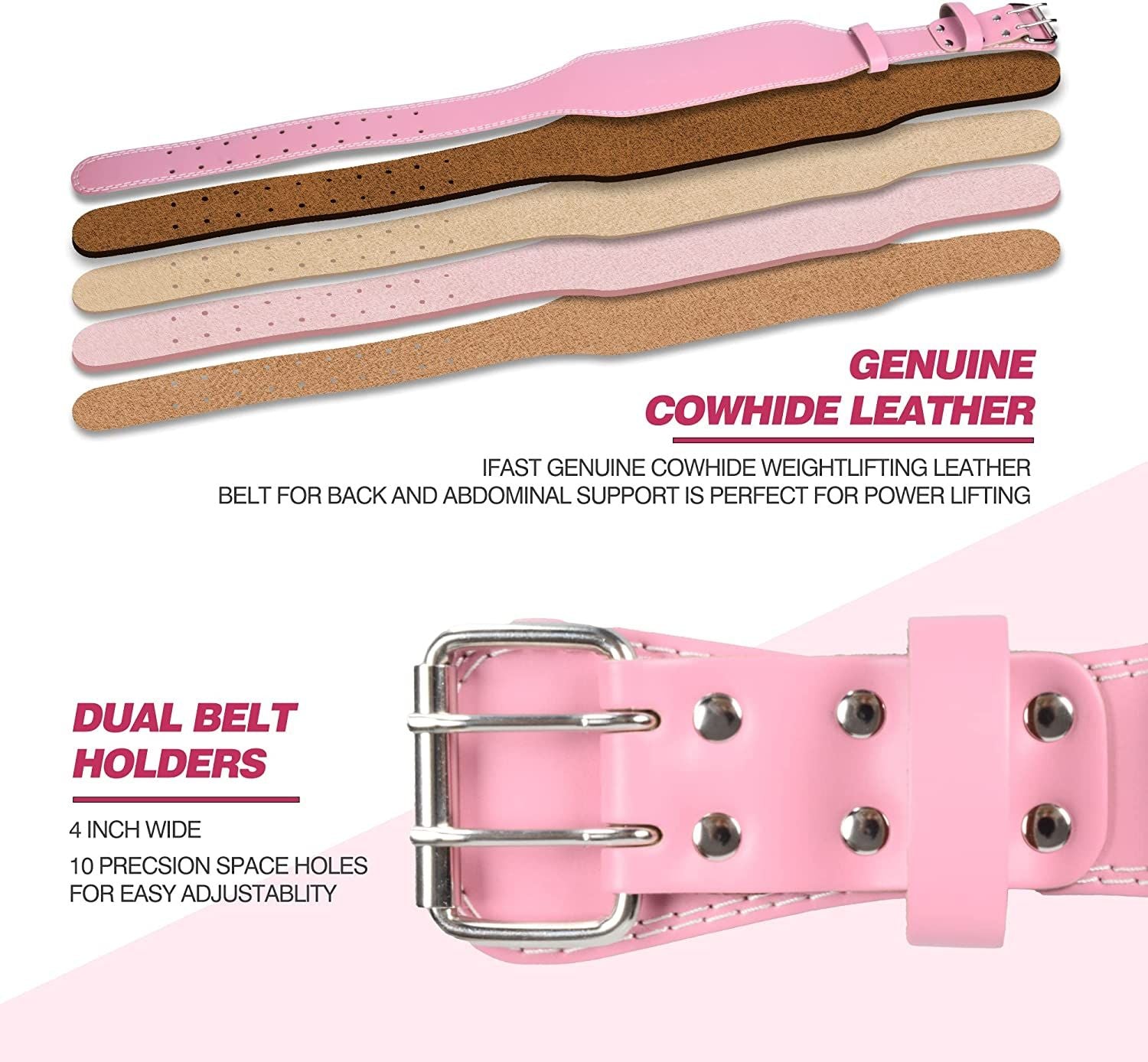 Pink Leather Strength Weightlifting Belt, 4" Wide w/Padded Lumbar Support - BagNook