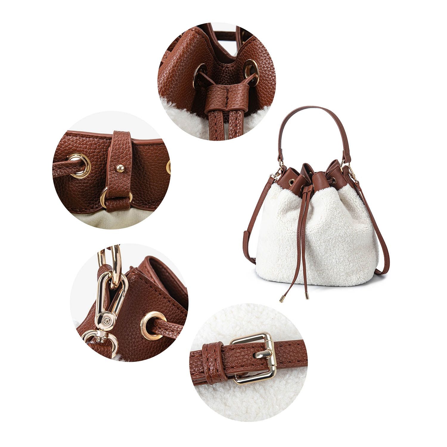 (brown)Saryn Bucket Hobo Faux Shearling by Mia K. - BagNook