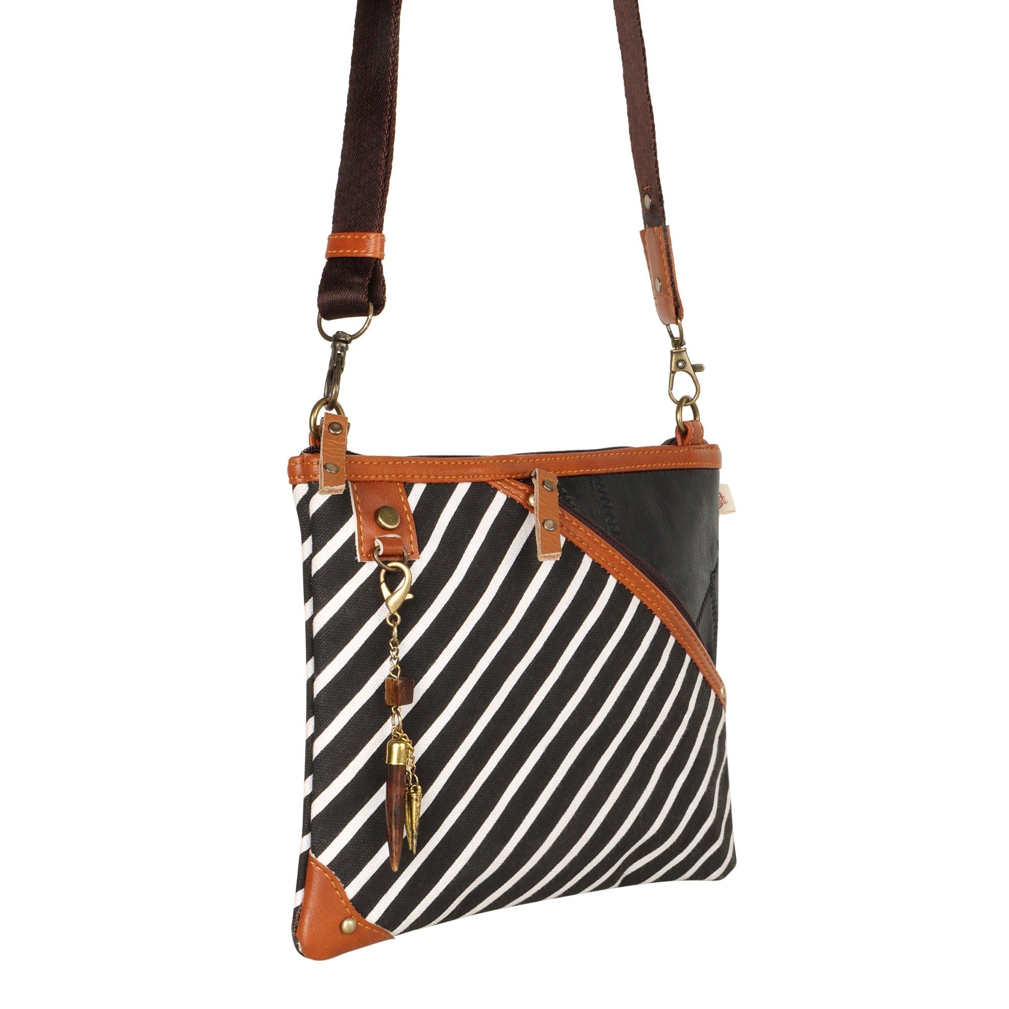Grayson Wide Crossbody Bag w/ Pocket - Striped - Upcycled Leather - BagNook
