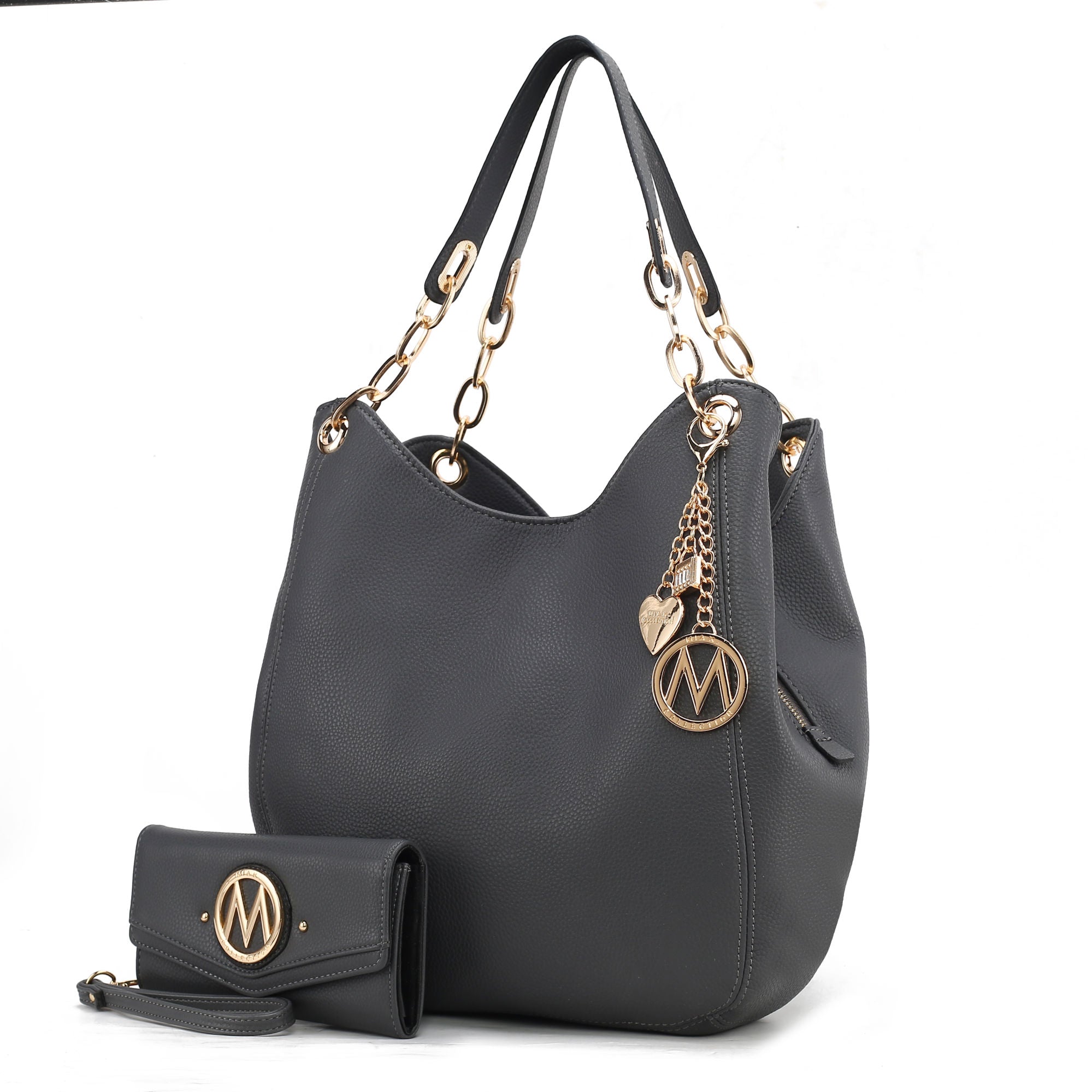 (charcoal)Ashley Vegan Leather Hobo Bag with Wallet - 2 pieces by Mia k - BagNook