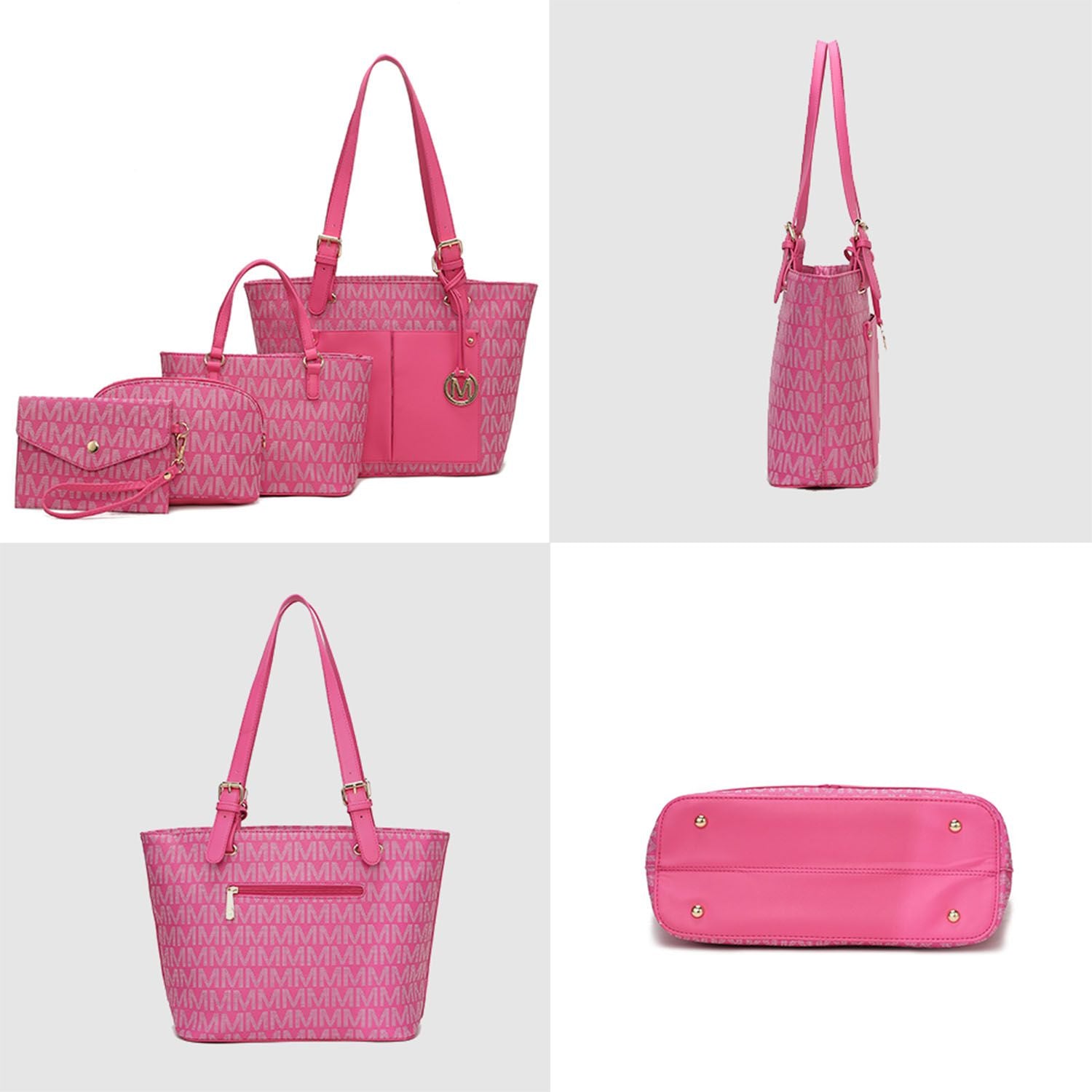 (fuchsia)Havenly 4pc Signature Vegan Leather Tote Bag Set by Mia K - BagNook