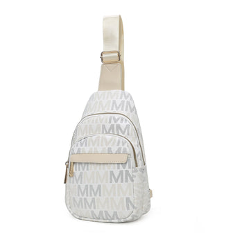 (white)Helaena M Logo Printed Vegan Leather Sling Bag by Mia K - BagNook