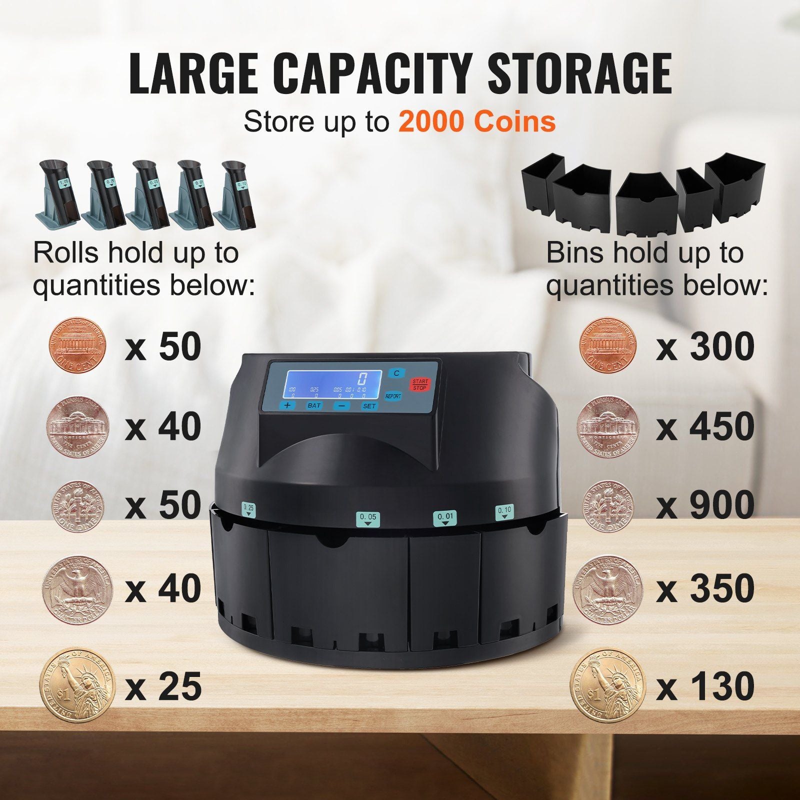VEVOR USD Coin Sorter,Wrapper, & Roller 300 Coins/min LCD Display - BagNook