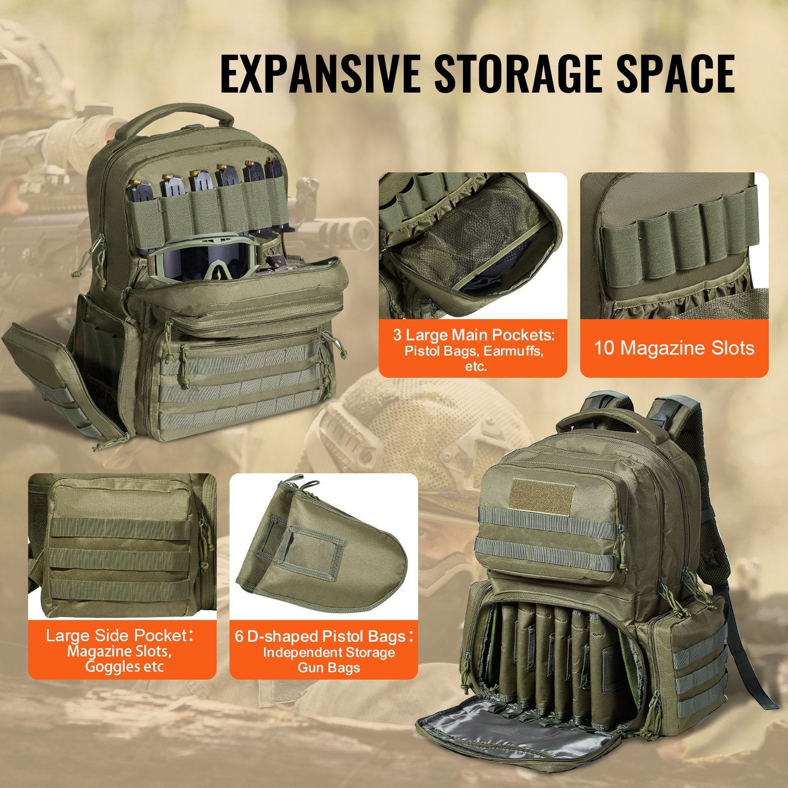 VEVOR Tactical Range Backpack for 6 Pistols - Green - BagNook