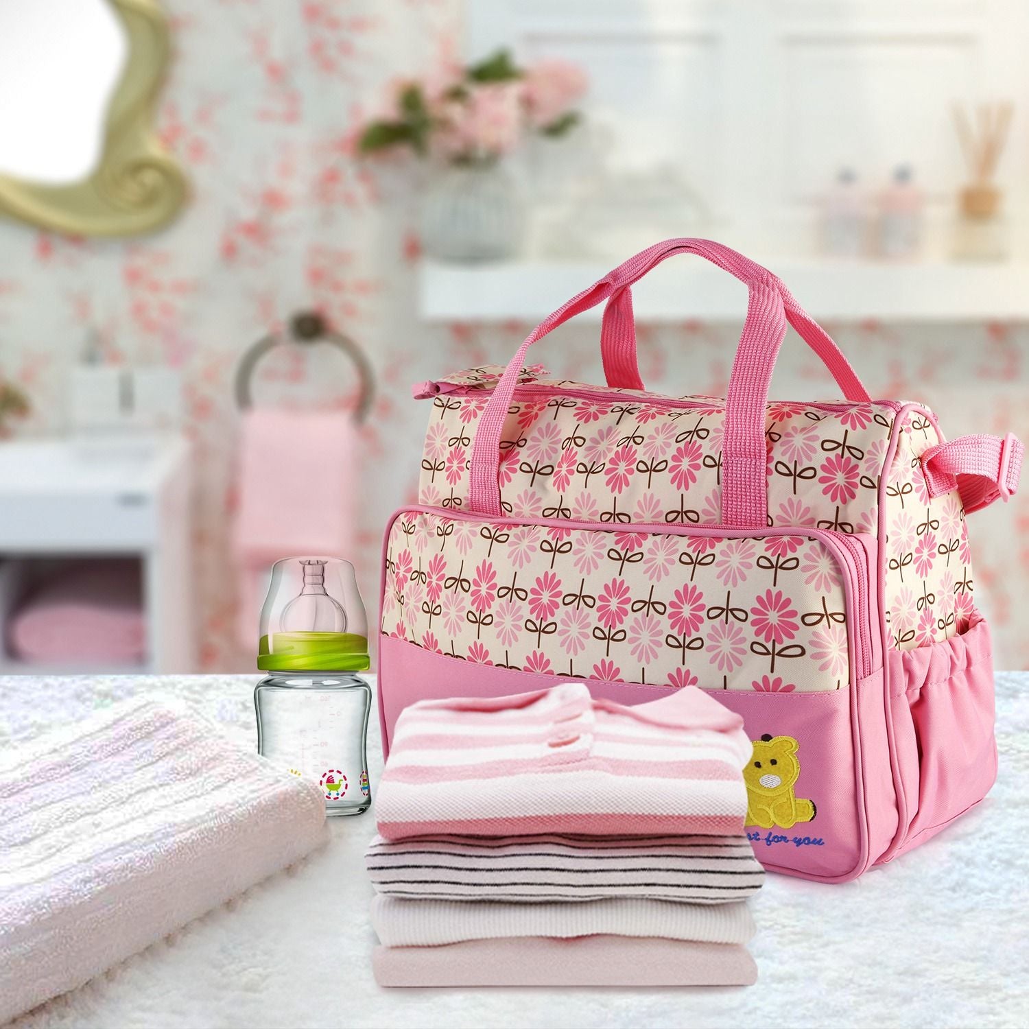 (pink)5pc Diaper Tote Bag Set - BagNook
