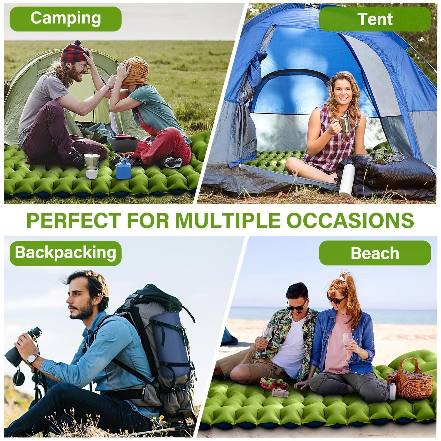 (2-green) Green inflatable camping mattress with a foot pump on a white background - bagNook