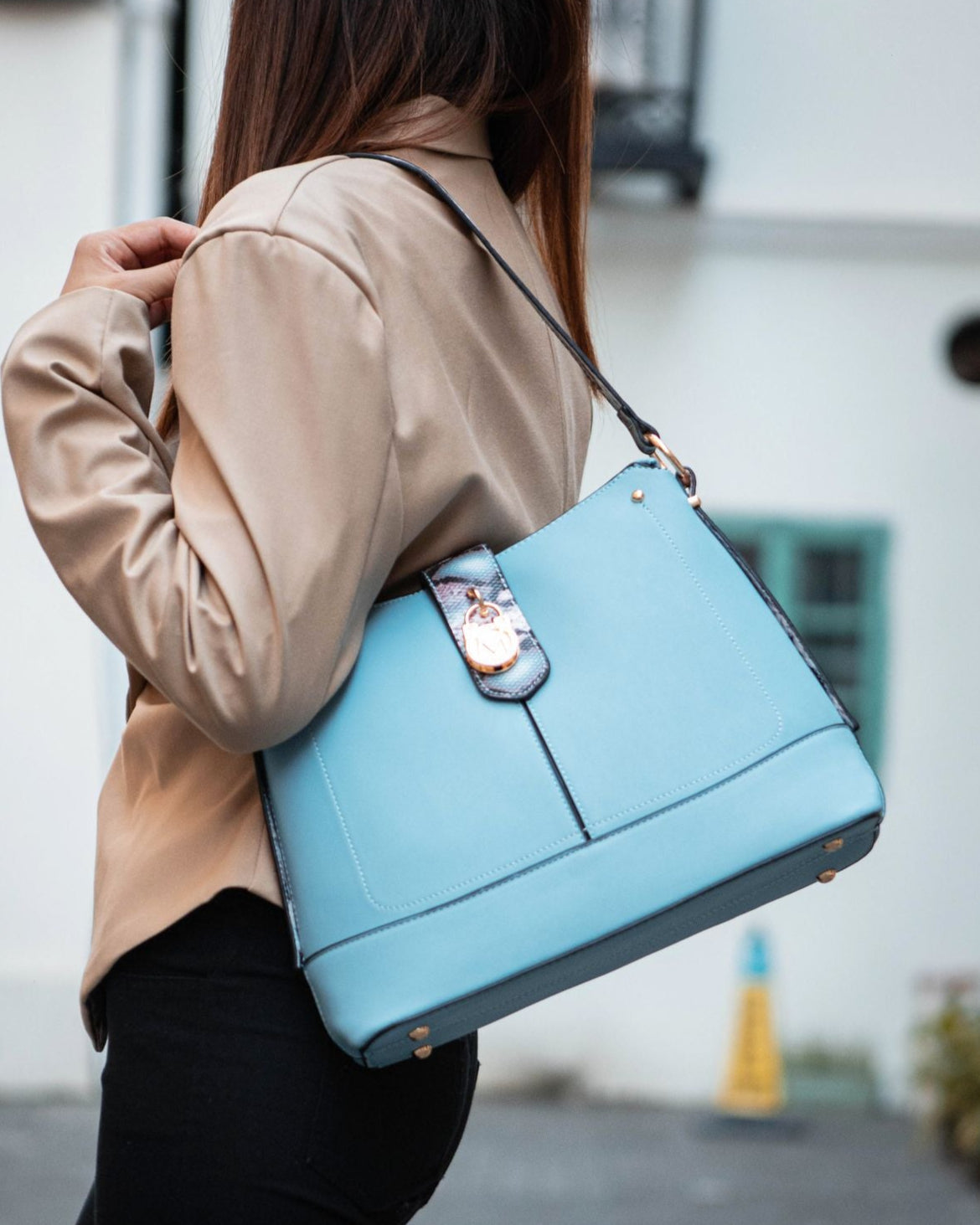 (denim)Ezra Snake Embossed Shoulder Handbag by Mia K - BagNook
