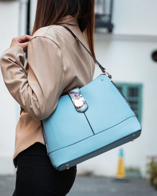 (denim)Ezra Snake Embossed Shoulder Handbag by Mia K - BagNook