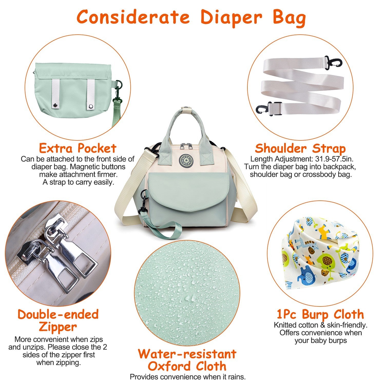 (green)Baby Diaper Bag with 6 Pockets - BagNook