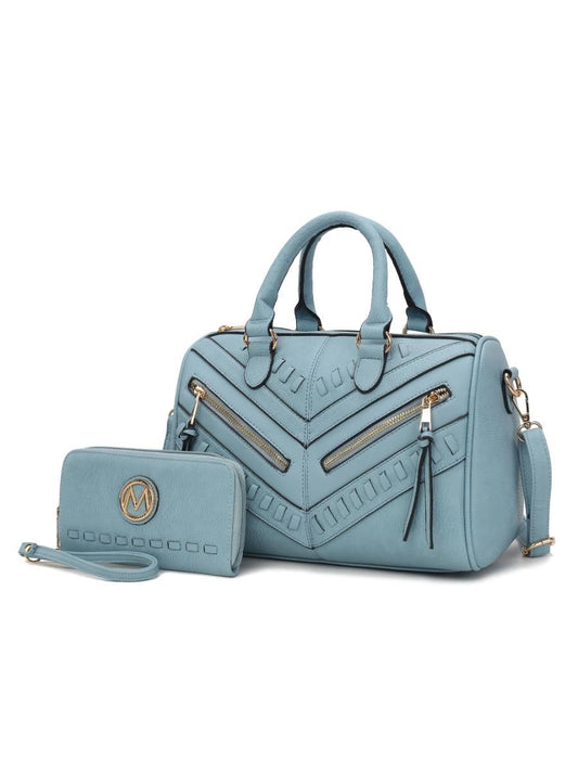 (denim blue)Lara Vegan Leather Satchel with Wallet by Mia k - BagNook