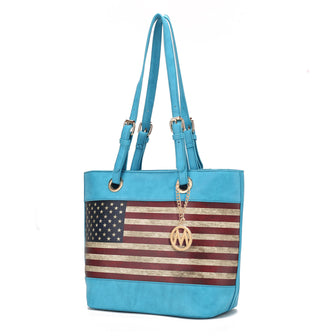 (turquoise)Vera Vegan Leather Patriotic Flag Women Tote by Mia K - BagNook