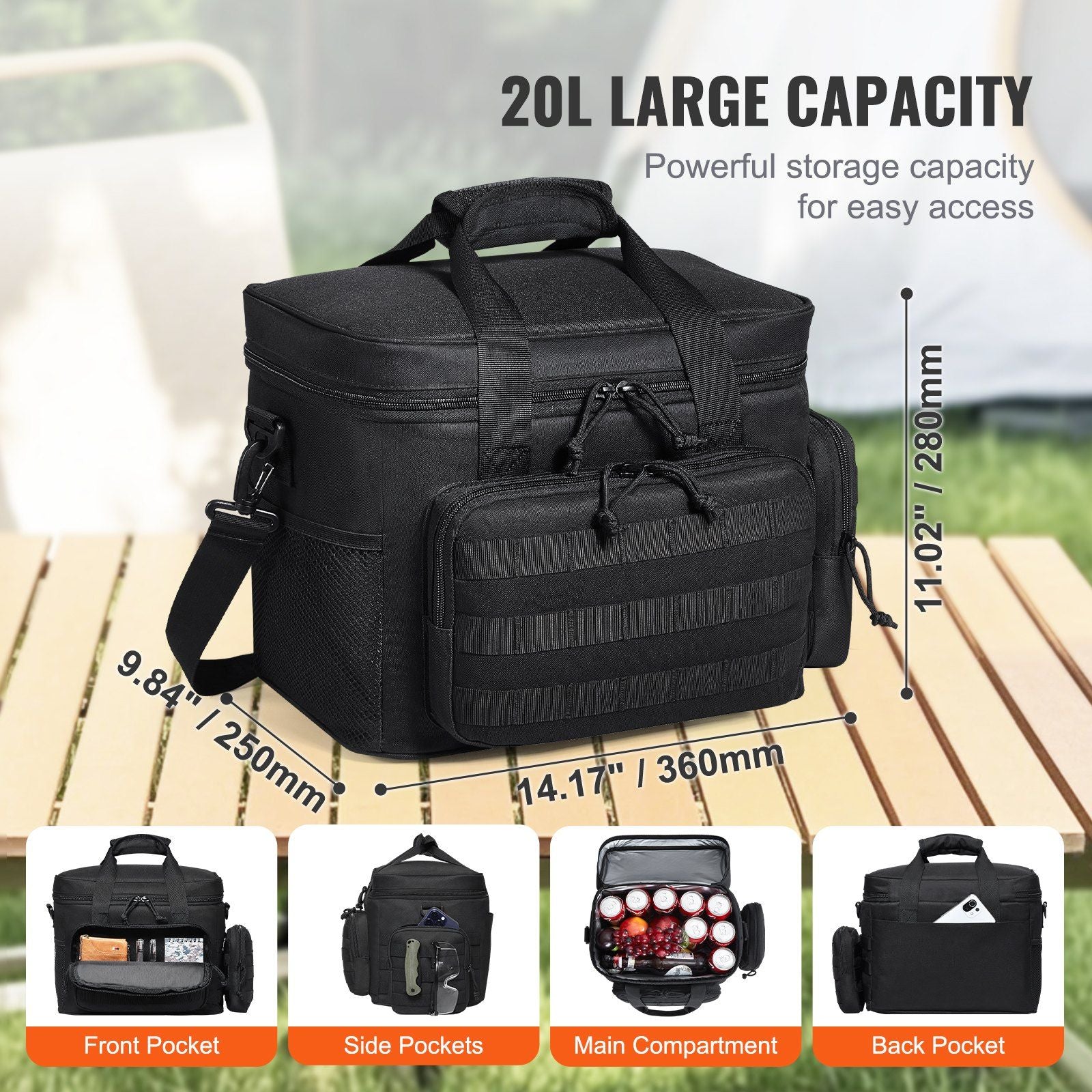VEVOR Cooler Bag, 20L Insulated w/Molle Design, Black - BagNook