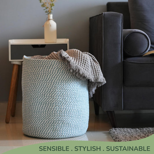 Recycled Cotton Laundry Basket - White Blue Mélange Woven Rope - BagNook