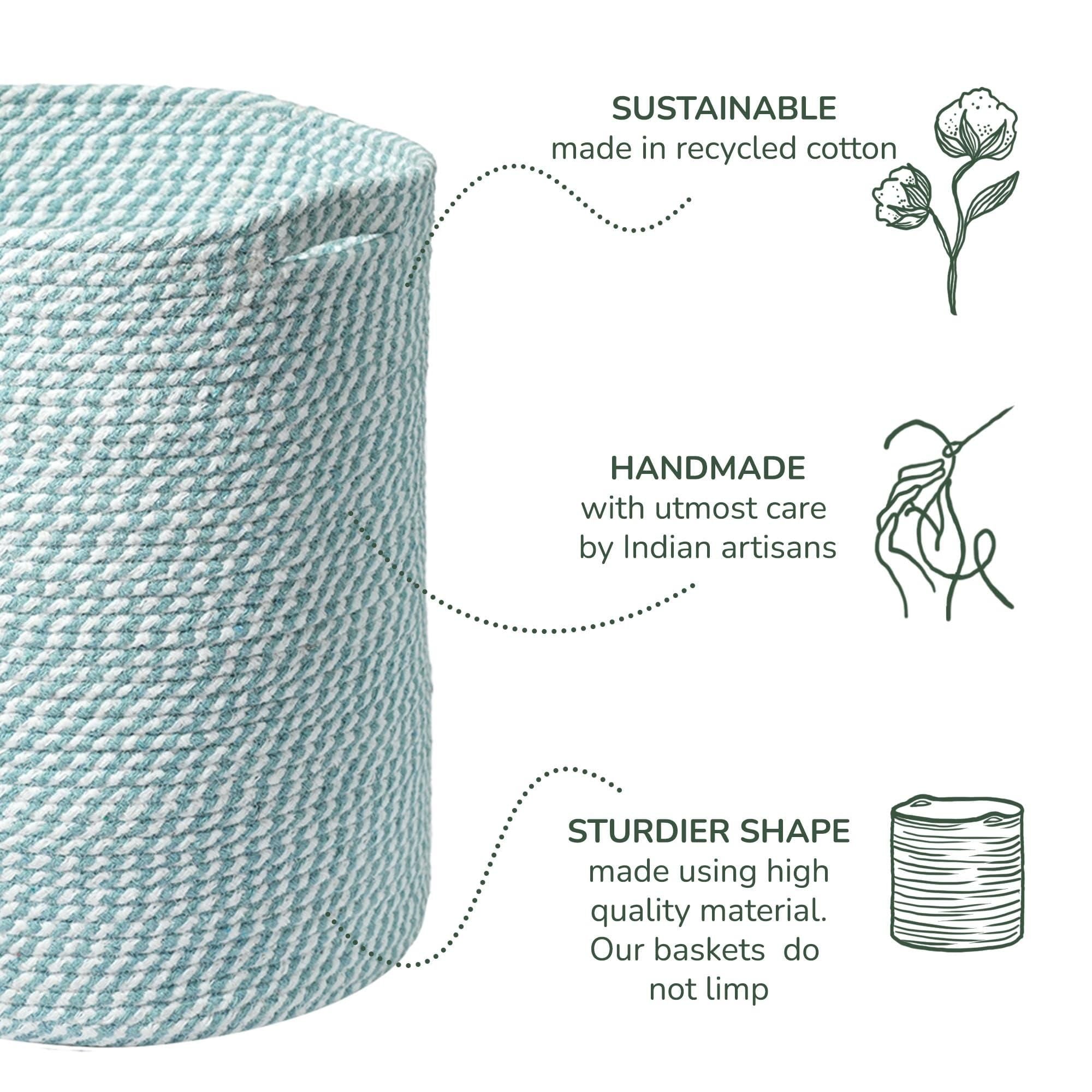 Recycled Cotton Laundry Basket - White Blue Mélange Woven Rope - BagNook
