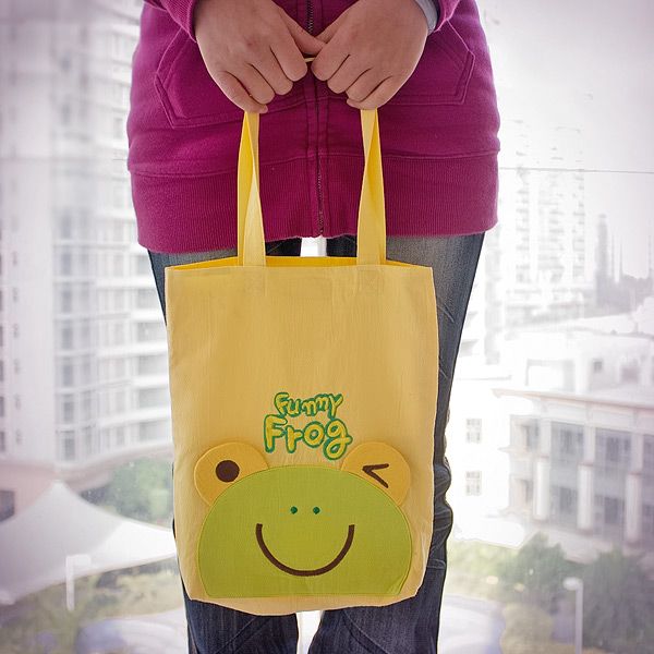 [Funny Frog] Embroidered Applique Kids Fabric Tote Bag - BagNook