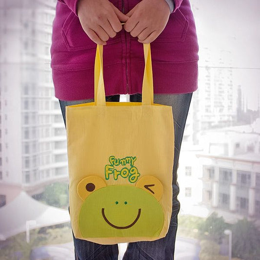[Funny Frog] Embroidered Applique Kids Fabric Tote Bag - BagNook